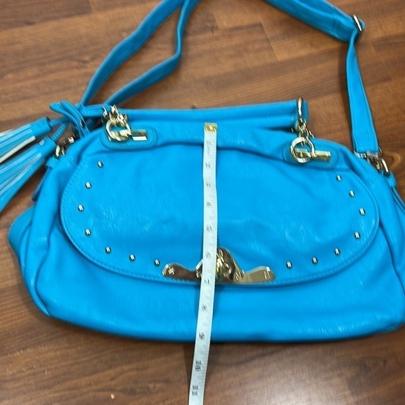 Galian Bright Blue Shoulder Bag with Gold Tone Trim and Tassels - Picture 2 of 8